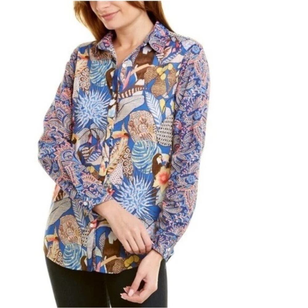 J. McLaughlin sz large cotton button down Toucan shirt resort vacation WT381